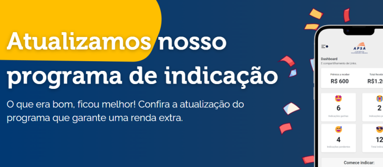 Há uma ilustração texto e um celular ao lado. Na imagem há informações sobre programa de indicação de imóveis e um celular exemplificando a plataforma.